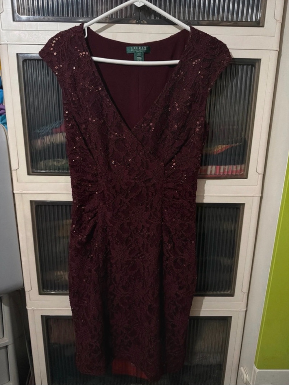 Lauren Ralph Lauren Burgundy Lace V-Neck Midi Dress
